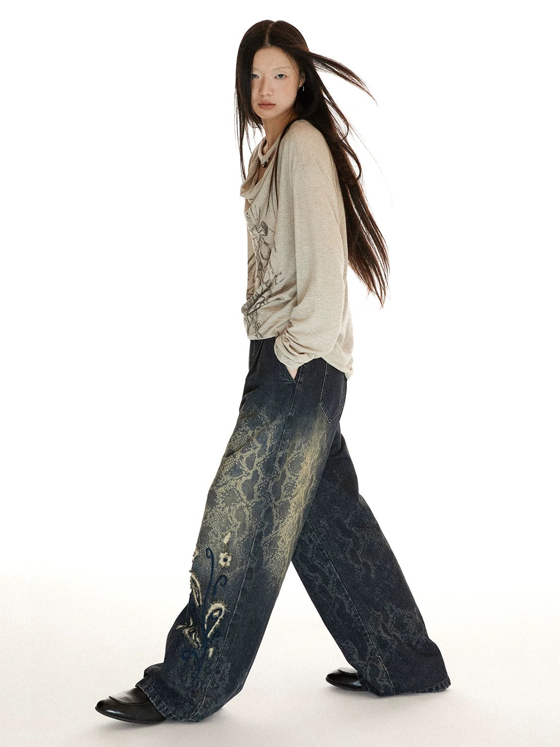 Snake Print Washed Jeans