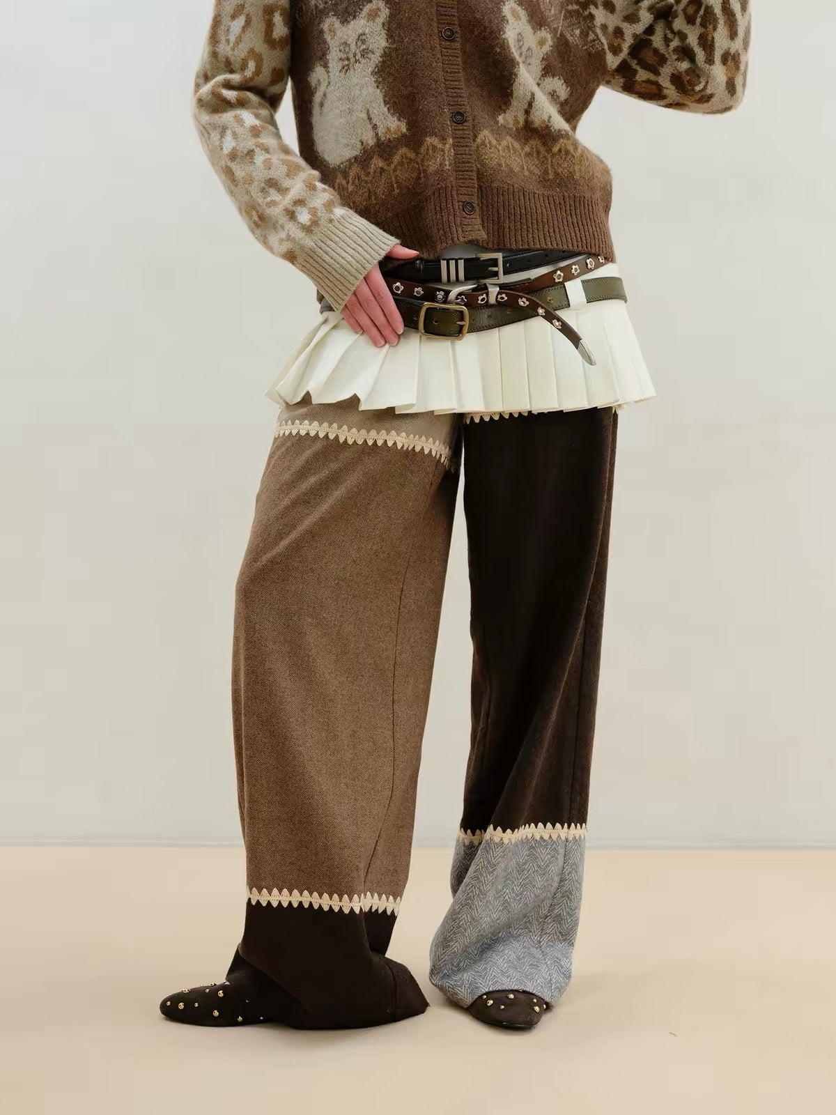 Colorblock Wool Straight Pants